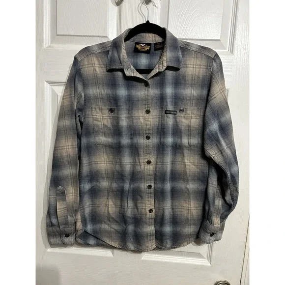 Harley Davidson Womens M Flannel Plaid Cotton Long Sleeve Button Down Shirt - Picture 3 of 12